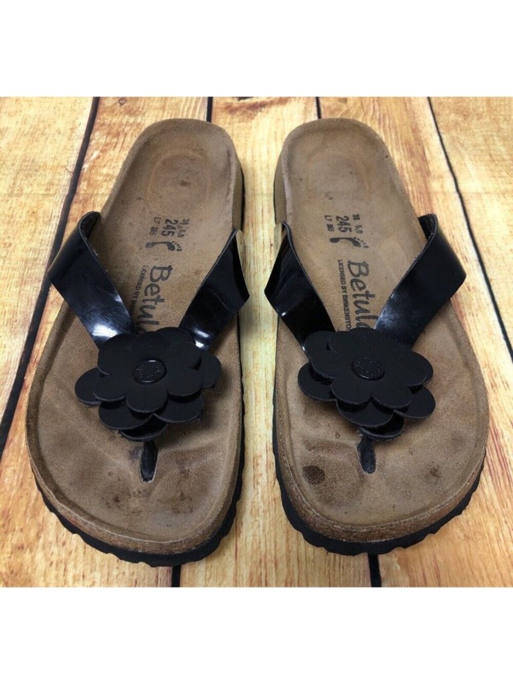 Birkenstock Womens 7/ 38 N Betula Thong Flip Flop Sandals Black Flower